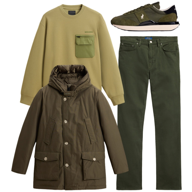 Outfit uomo - Muschio di bosco. Stile Casual per Tutti i giorni. Abbinamento con sneakers, pantaloni, felpe, parka.