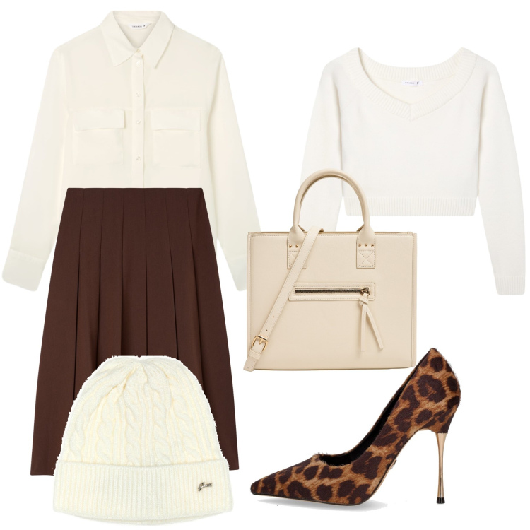 Outfit donna - Lunedì. Stile Chic per Ufficio. Abbinamento con shopping bag, gonne lunghe, camicie, maglieria, berretti, décolleté.