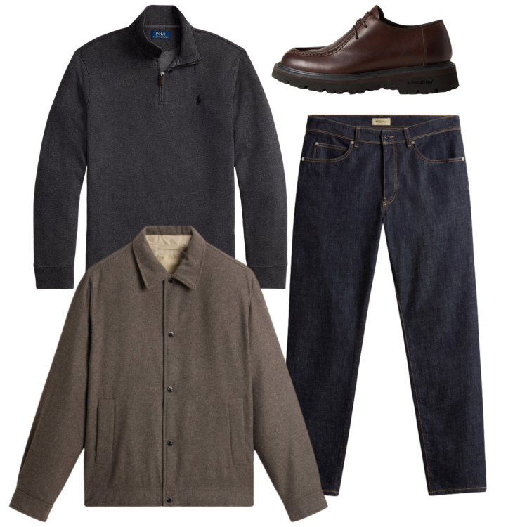 Outfit uomo - Autunno total look. Stile Casual per Tutti i giorni. Abbinamento con pullovers, pantaloni, scarpe stringate, cappotti.