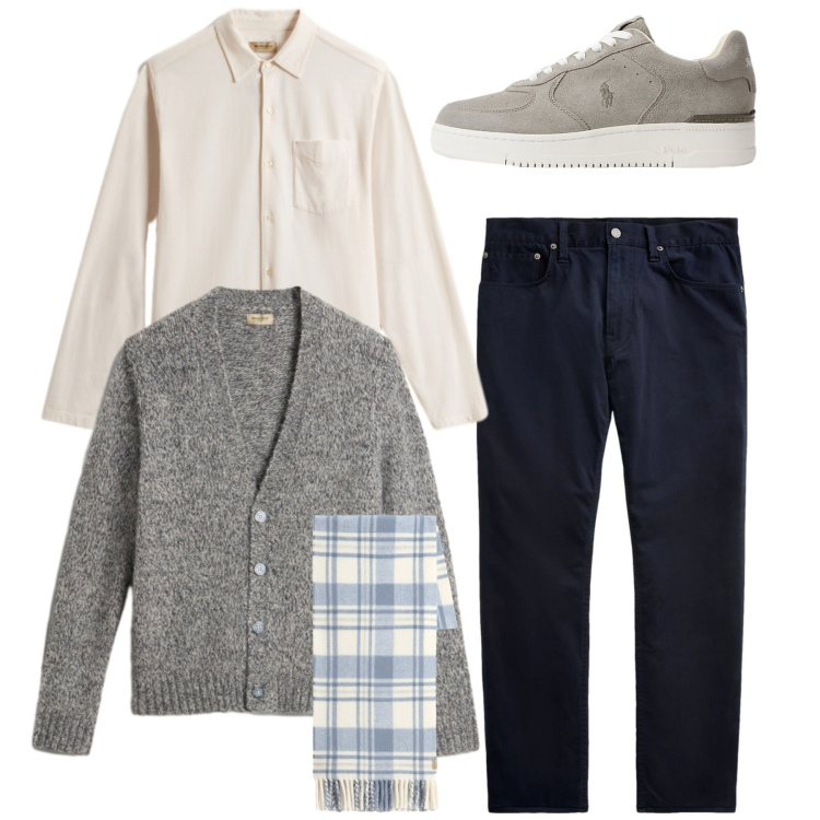Outfit uomo - Un cardigan grigio. Stile Casual per Tutti i giorni. Abbinamento con sneakers, pantaloni, cardigans, camicie, sciarpe.