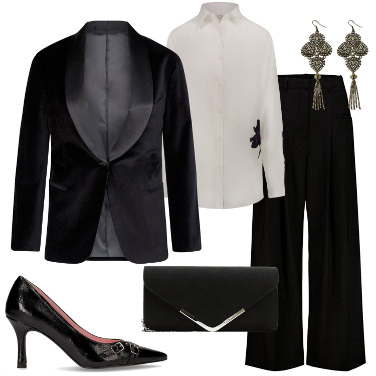 Outfit donna - Black Friday chic. Stile Chic per Cerimonia. Abbinamento con pochette, orecchini, pantaloni, blazer, camicie, décolleté.
