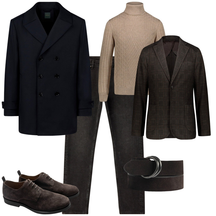 Outfit uomo - Trendy per l ufficio. Stile Trendy per Ufficio. Abbinamento con jeans, giacche, cinture, caban, maglieria, scarpe stringate.