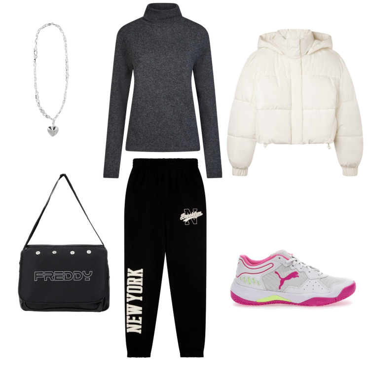 Outfit donna - Street. Stile Casual per Tutti i giorni. Abbinamento con bomber, pantaloni, borse messenger, scarpe sportive, collane, maglieria.