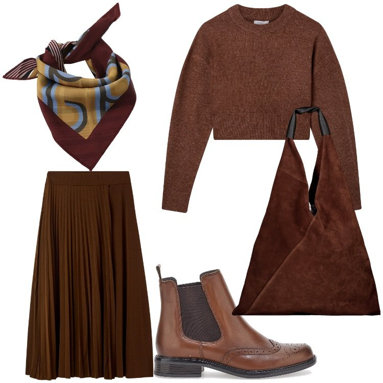 Outfit donna - Marrone per me. Stile Casual chic per Tutti i giorni. Abbinamento con maglieria, gonne lunghe, foulard, stivaletti chelsea, borse a spalla.