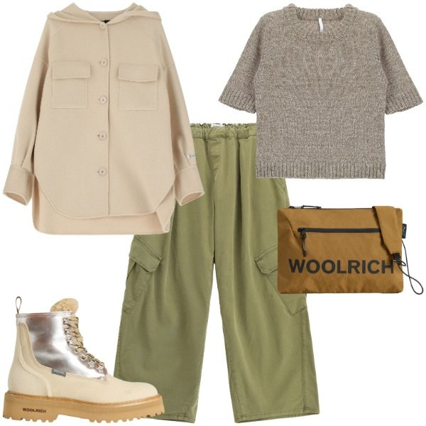 Outfit donna - Scarponcino Woolrich con inserto argento. Stile Casual chic per Tutti i giorni. Abbinamento con pantaloni cargo, maglieria, cappotti, borse a tracolla, anfibi.