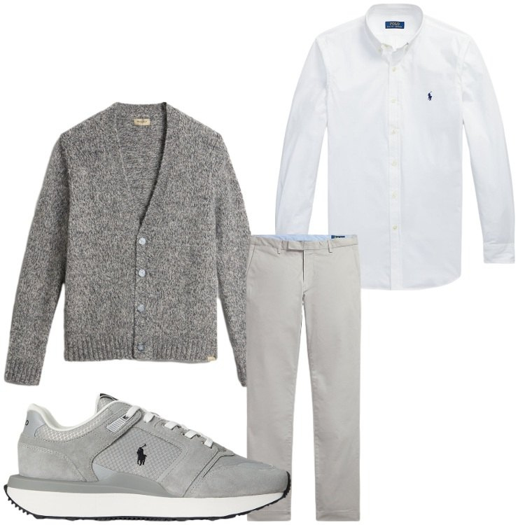 Outfit uomo - Grigio sporty. Stile Casual per Serata speciale. Abbinamento con camicie, pantaloni, sneakers, cardigans.