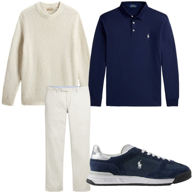 Outfit uomo - Blu sport. Stile Casual per Tutti i giorni. Abbinamento con pantaloni chino, sneakers, polo, maglieria.