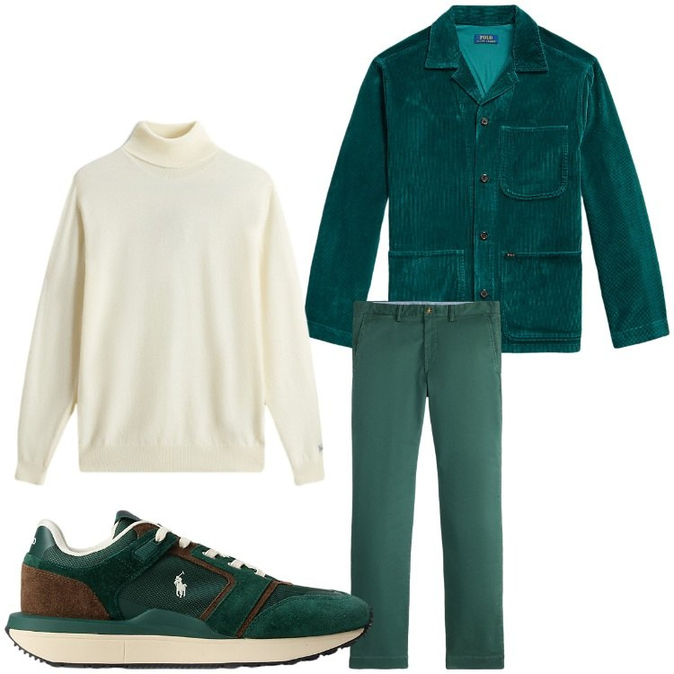Outfit uomo - Serata in verde. Stile Casual per Serata speciale. Abbinamento con sneakers, giacche, pantaloni chino, maglieria.