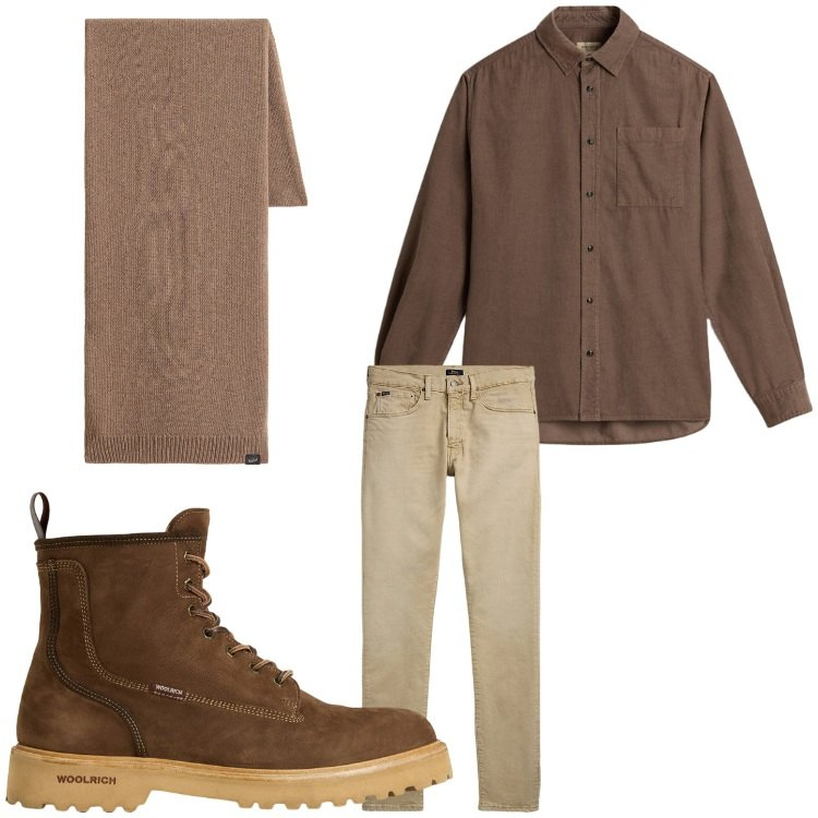 Outfit uomo - Marrone a Novembre. Stile Casual per Tutti i giorni. Abbinamento con jeans, camicie, anfibi, sciarpe.