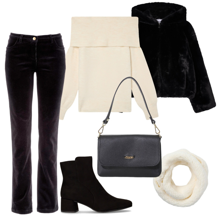 Outfit donna - Il mio novembre. Stile Casual chic per Tutti i giorni. Abbinamento con pantaloni, maglieria, sciarpe, ecopellicce, borse a tracolla, stivaletti.