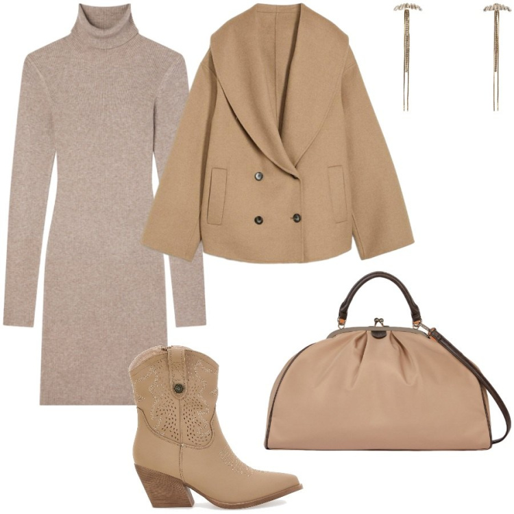 Outfit donna - In giro per la città. Stile Casual chic per Tutti i giorni. Abbinamento con blazer, orecchini, vestiti corti, stivaletti texani, borse a spalla.