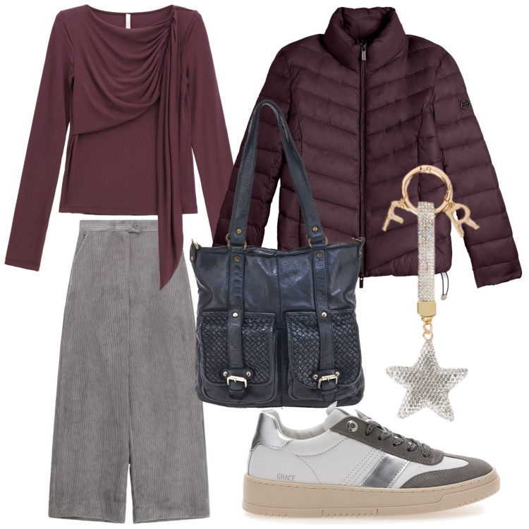 Outfit donna - Il mio Novembre. Stile Minimal per Tutti i giorni. Abbinamento con bluse, pantaloni a palazzo, piumini, sneakers, portachiavi, borse a spalla.