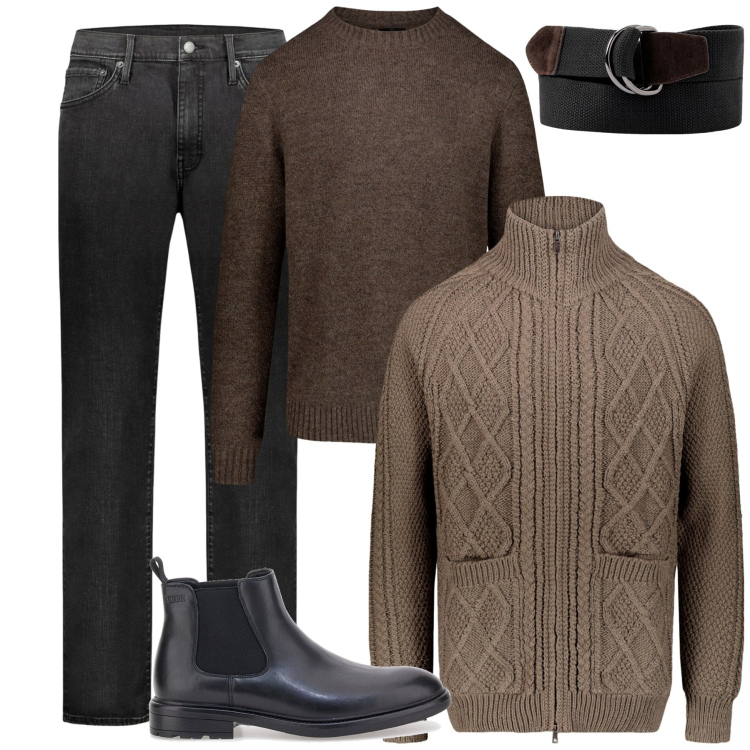 Outfit uomo - Il caffè mattutino. Stile Urban per Tutti i giorni. Abbinamento con stivali e stivaletti, jeans, cardigans, cinture, maglieria.