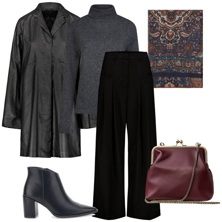 Outfit donna - Il foulard. Stile Urban per Tutti i giorni. Abbinamento con foulard, stivaletti, pantaloni, clutch, trench, maglieria.