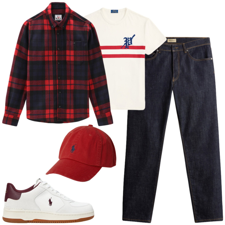Outfit uomo - City. Stile Casual per Tutti i giorni. Abbinamento con t-shirt, cappelli con visiera, sneakers, pantaloni, camicie.