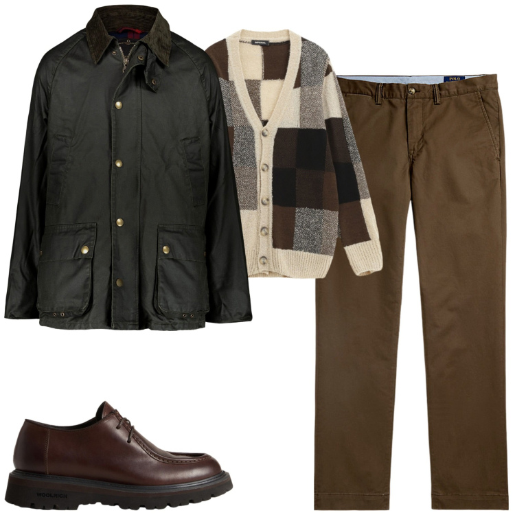 Outfit uomo - Il giaccone cerato. Stile Urban per Tutti i giorni. Abbinamento con cardigans, pantaloni chino, scarpe stringate, giacche.