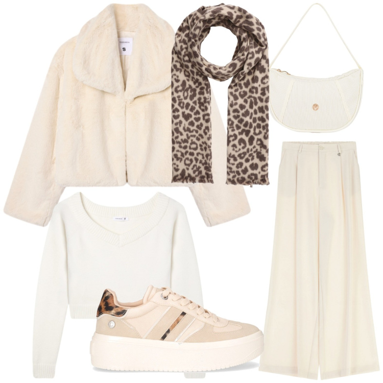 Outfit donna - Il foulard. Stile Minimal per Tutti i giorni. Abbinamento con sciarpe, maglieria, ecopellicce, pantaloni a palazzo, borse a mano, sneakers.