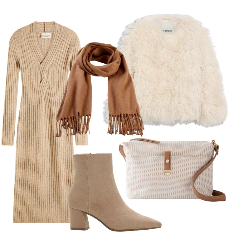 Outfit donna - bonprix - SINGLES\' DAY. Stile Casual per Serata fuori. Abbinamento con sciarpe, ecopellicce, vestiti, borse a tracolla, stivaletti.