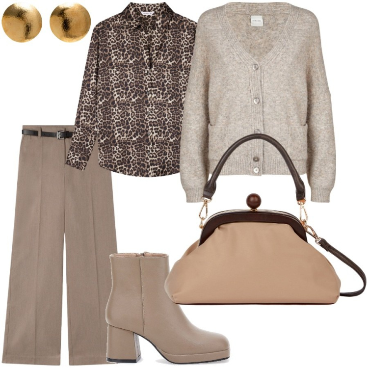Outfit donna - Working. Stile Casual chic per Ufficio. Abbinamento con pantaloni, camicie, stivaletti, orecchini, cardigans, clutch.