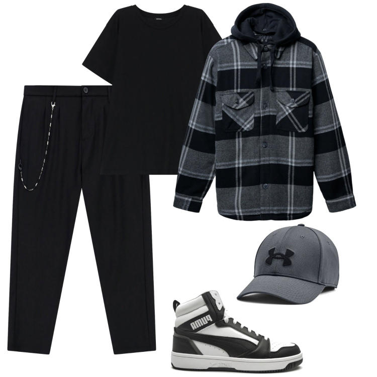 Outfit uomo - Felpa o Giacca. Stile Urban per Tutti i giorni. Abbinamento con giacche, pantaloni, t-shirt, cappelli, sneakers alte.