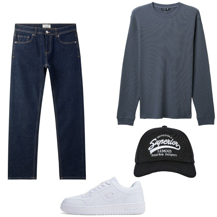 Outfit uomo - Take it Easy. Stile Casual per Tutti i giorni. Abbinamento con cappelli con visiera, jeans, maglieria, sneakers.