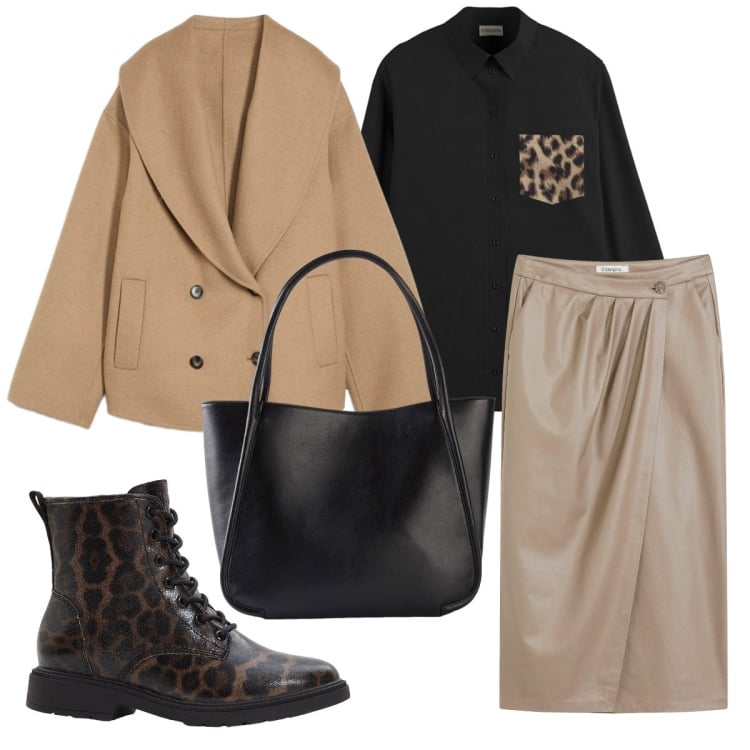 Outfit donna - Animalier per tutti i giorni. Stile Trendy per Ufficio. Abbinamento con blazer, shopping bag, gonne longuette, camicie, stivaletti.