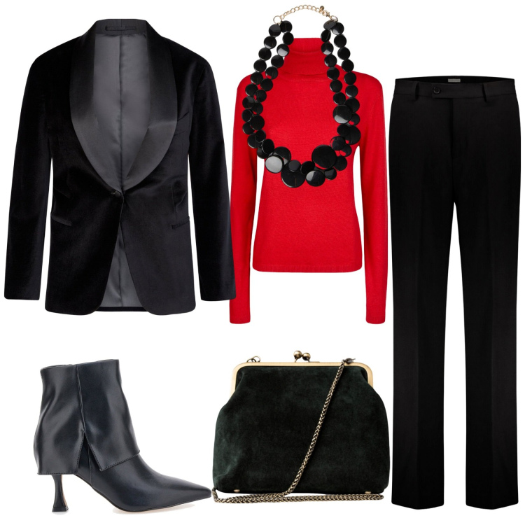 Outfit donna - Total look #2280728. Stile Chic per Serata fuori. Abbinamento con stivaletti, collane, pantaloni, maglieria, clutch, blazer.