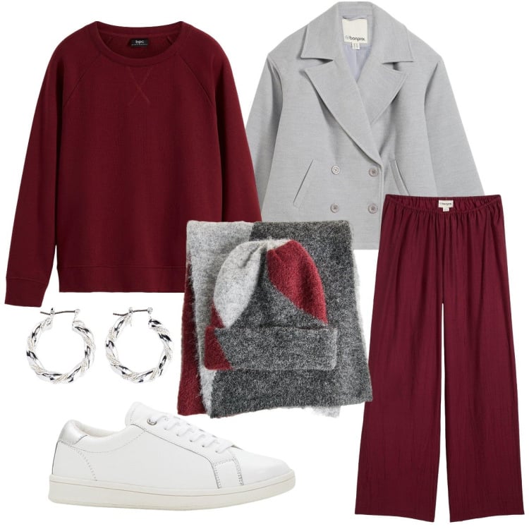 Outfit donna - Grigio & bordeaux. Stile Casual chic per Tutti i giorni. Abbinamento con felpe, caban, sneakers, orecchini, pantaloni, sciarpe.