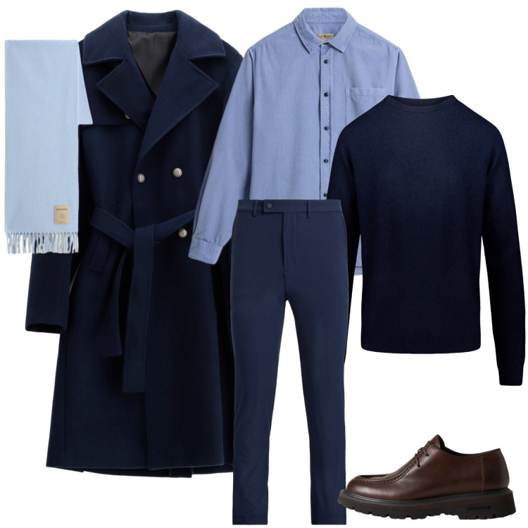 Outfit uomo - Total look #2280731. Stile Business/Elegante per Cerimonia. Abbinamento con cappotti, pantaloni, scarpe stringate, sciarpe, camicie, maglieria.