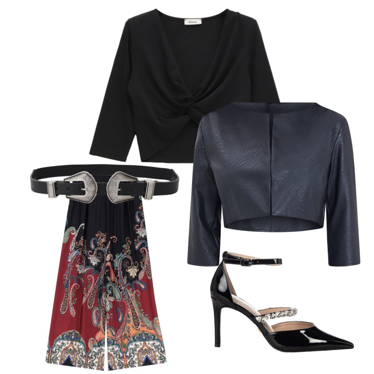 Outfit donna - Novembre party. Stile Sexy per Serata fuori. Abbinamento con décolleté, bolero, pantaloni a palazzo, top, cinture.