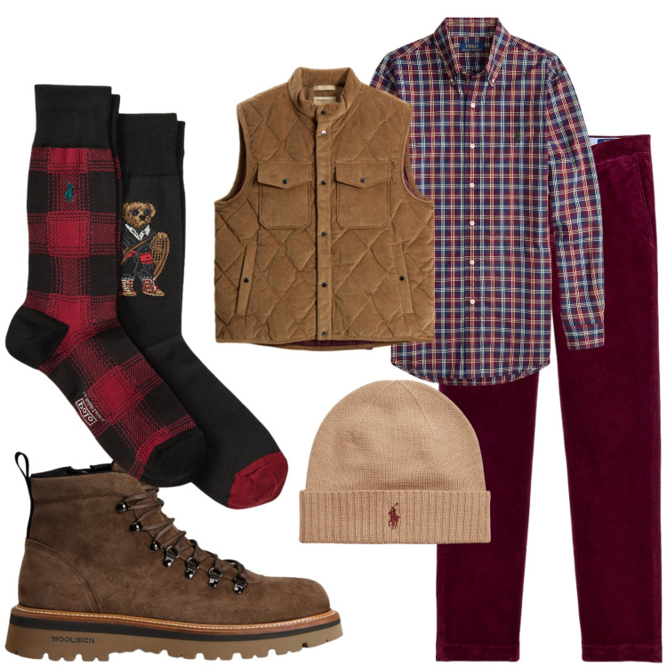 Outfit uomo - Total look #2280740. Stile Trendy per Tutti i giorni. Abbinamento con pantaloni, berretti, camicie, calzini, gilet, stivali e stivaletti.