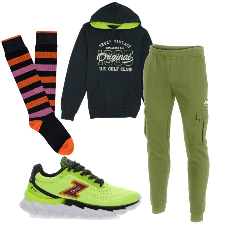 Outfit uomo - Total look #2280743. Stile Trendy per Sport. Abbinamento con pantaloni, sneakers, felpe con cappuccio, calzini.