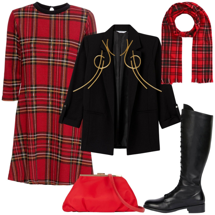 Outfit donna - Total look #2280749. Stile Chic per Serata fuori. Abbinamento con vestiti corti, blazer, sciarpe, stivali, orecchini, pochette.