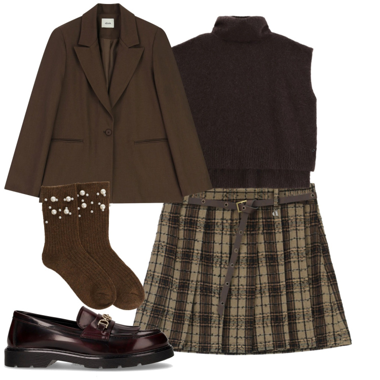 Outfit donna - Dixie. Stile Trendy per Tutti i giorni. Abbinamento con minigonne, blazer, calzini, maglieria, mocassini.