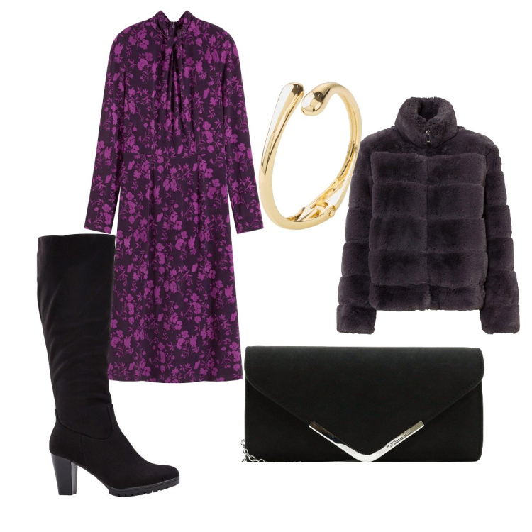 Outfit donna - Festeggiare S’D. Stile Glamour per Cerimonia. Abbinamento con braccialetti, stivali, vestiti midi/longuette, ecopellicce, pochette.