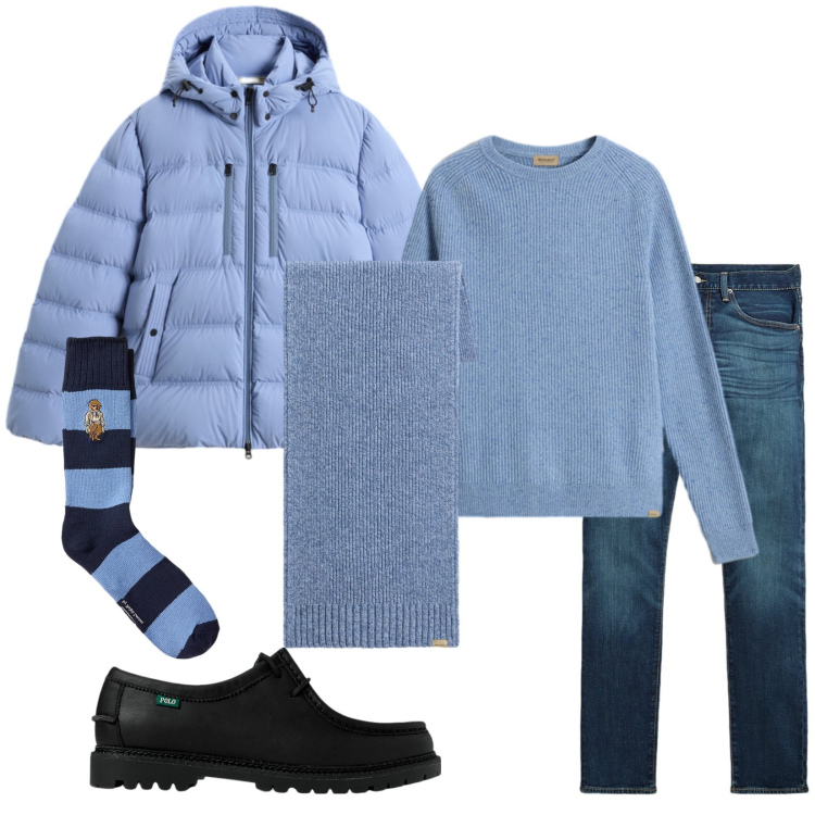 Outfit uomo - Total look #2280769. Stile Casual per Tutti i giorni. Abbinamento con scarpe stringate, jeans, calzini, maglieria, piumini, sciarpe.