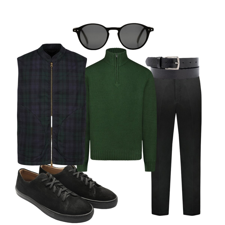 Outfit uomo - Pratico e informale per l’ufficio. Stile Casual per Ufficio. Abbinamento con piumini, maglieria, pantaloni, sneakers, cinture, occhiali da sole.
