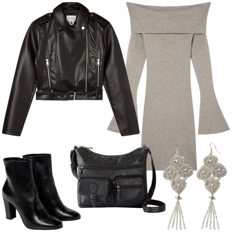 Outfit donna - Rockettara ma non troppo. Stile Rock per Tutti i giorni. Abbinamento con borse a tracolla, vestiti corti, giacche, orecchini, stivaletti.