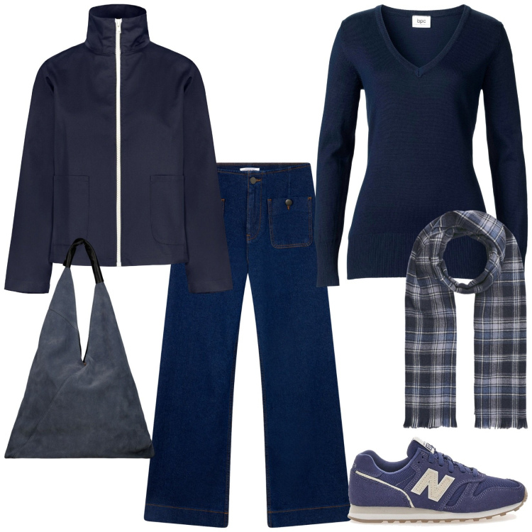 Outfit donna - Total look #2280785. Stile Casual per Scuola/Università. Abbinamento con maglieria, jeans, sciarpe, blazer, sneakers, borse a spalla.
