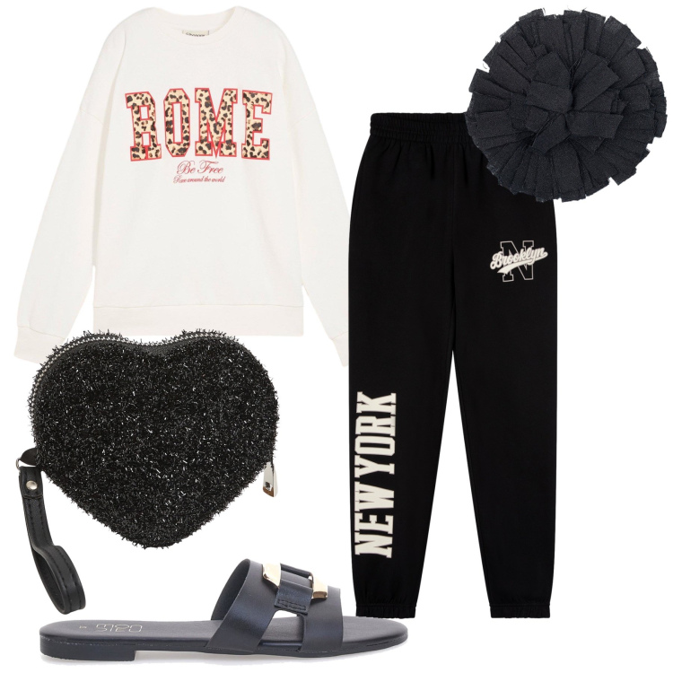 Outfit donna - International with love. Stile Basic per Tutti i giorni. Abbinamento con felpe, portafogli, pantaloni, ciabatte, accessori per capelli.