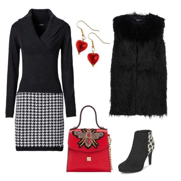 Outfit donna - Inserti pied de poule. Stile Trendy per Serata fuori. Abbinamento con vestiti, ecopelliccia, stivaletti nero, borsa a tracolla mini, orecchini in con murano oro.