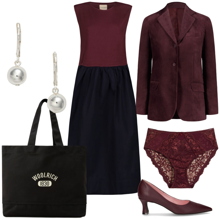 Outfit donna - Ufficio super elegante. Stile Chic per Ufficio. Abbinamento con culotte, orecchini, borse tote, blazer, vestiti midi/longuette, décolleté.