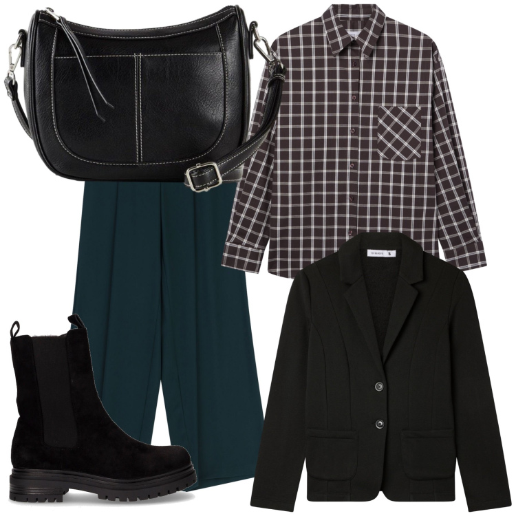 Outfit donna - Total look. Stile Trendy per Tutti i giorni. Abbinamento con borse a tracolla, blazer, camicie, pantaloni a palazzo, stivaletti chelsea.