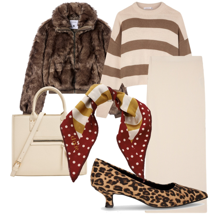 Outfit donna - Una signora in città. Stile Bon Ton per Tutti i giorni. Abbinamento con gonne lunghe, maglieria, shopping bag, ecopellicce, foulard, décolleté.