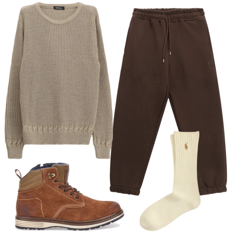 Outfit uomo - Caffè macchiato. Stile Casual per Tutti i giorni. Abbinamento con pantaloni, maglieria, calzini, stivali e stivaletti.