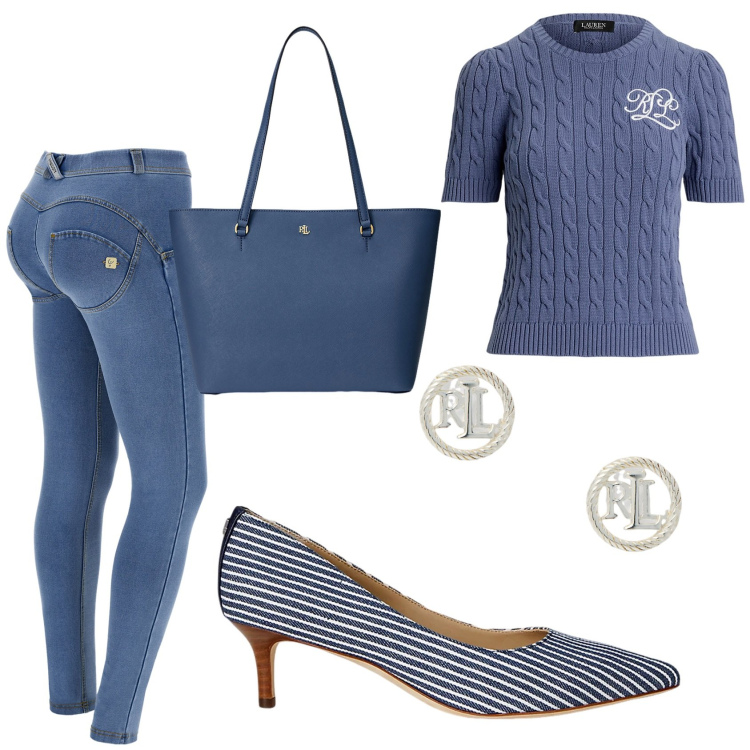 Outfit donna - In mezze maniche a Novembre. Stile Casual chic per Ufficio. Abbinamento con jeggings, borse tote, orecchini, décolleté, t-shirt.