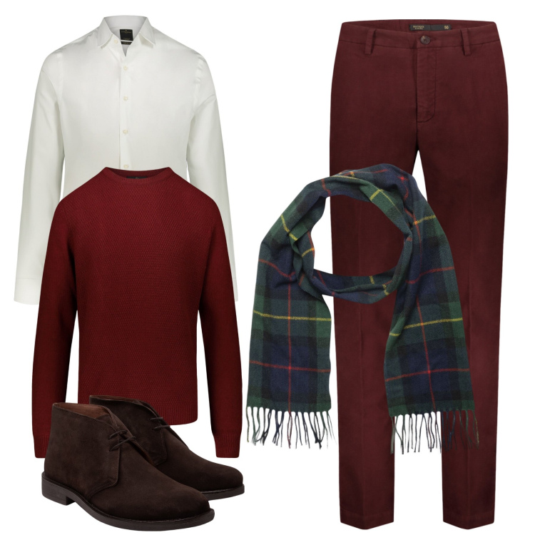 Outfit uomo - Pausa caffè. Stile Casual per Ufficio. Abbinamento con pantaloni, camicie, stivali, maglieria, sciarpe.