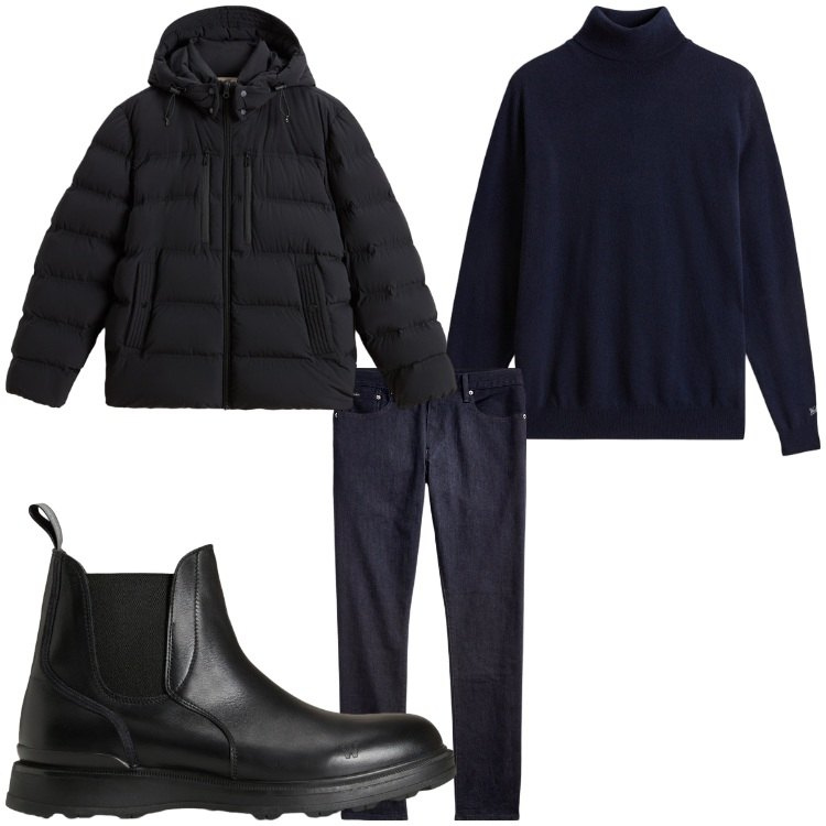 Outfit uomo - Mr. Jeans. Stile Casual per Tutti i giorni. Abbinamento con jeans, stivali e stivaletti, maglieria, piumini.