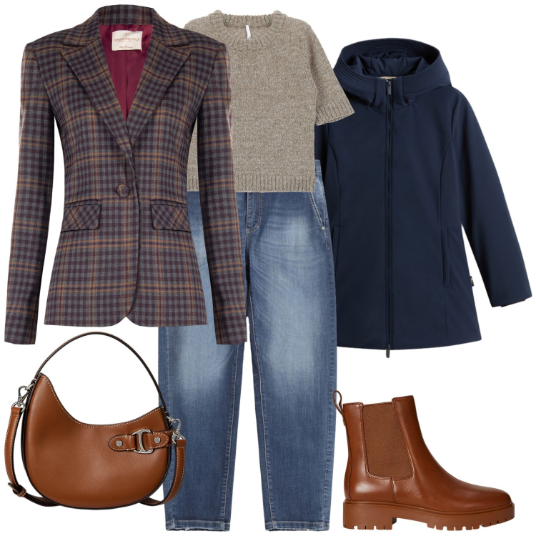 Outfit donna - Primi freddi. Abbinamento con jeans, blazer, maglieria, stivaletti chelsea, borse a tracolla, parka.