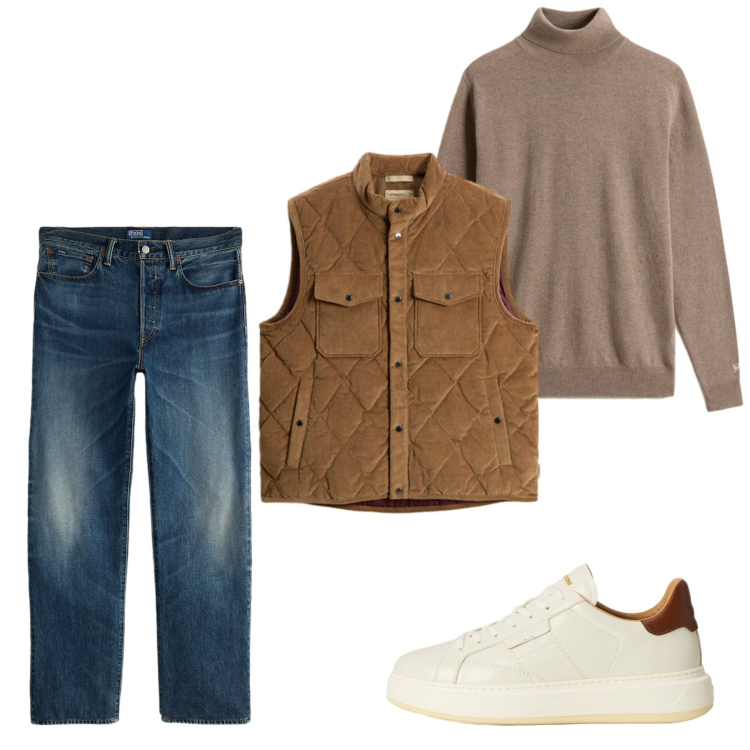 Outfit uomo - Novembre. Stile Casual per Tutti i giorni. Abbinamento con jeans dritti, maglieria, gilet, sneakers.